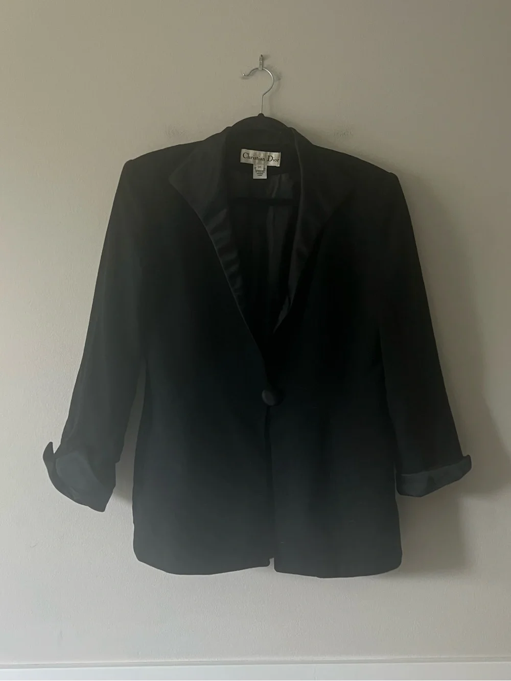 Christian Dior Black Satin Lapel One Button Blazer Jacket Size 14 Vintage